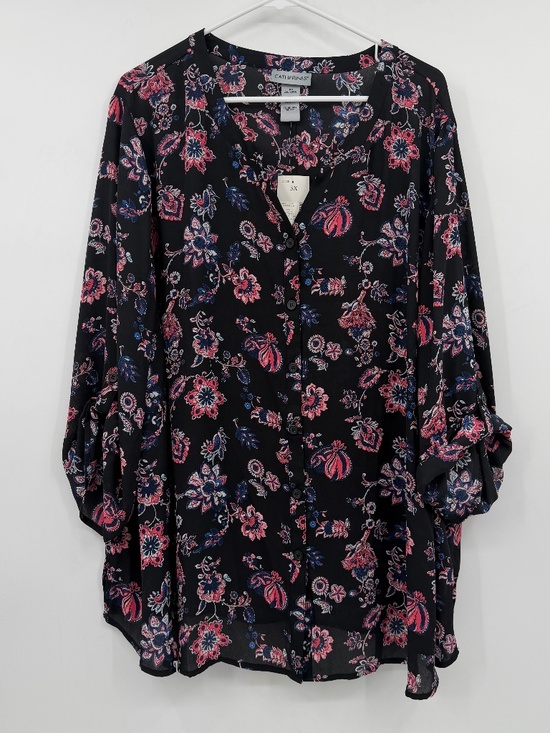 Catherines Tops - Catherines Top Women 3X NEW Black Pink Sheer Roll Tab Sleeve V Neck Lightweight